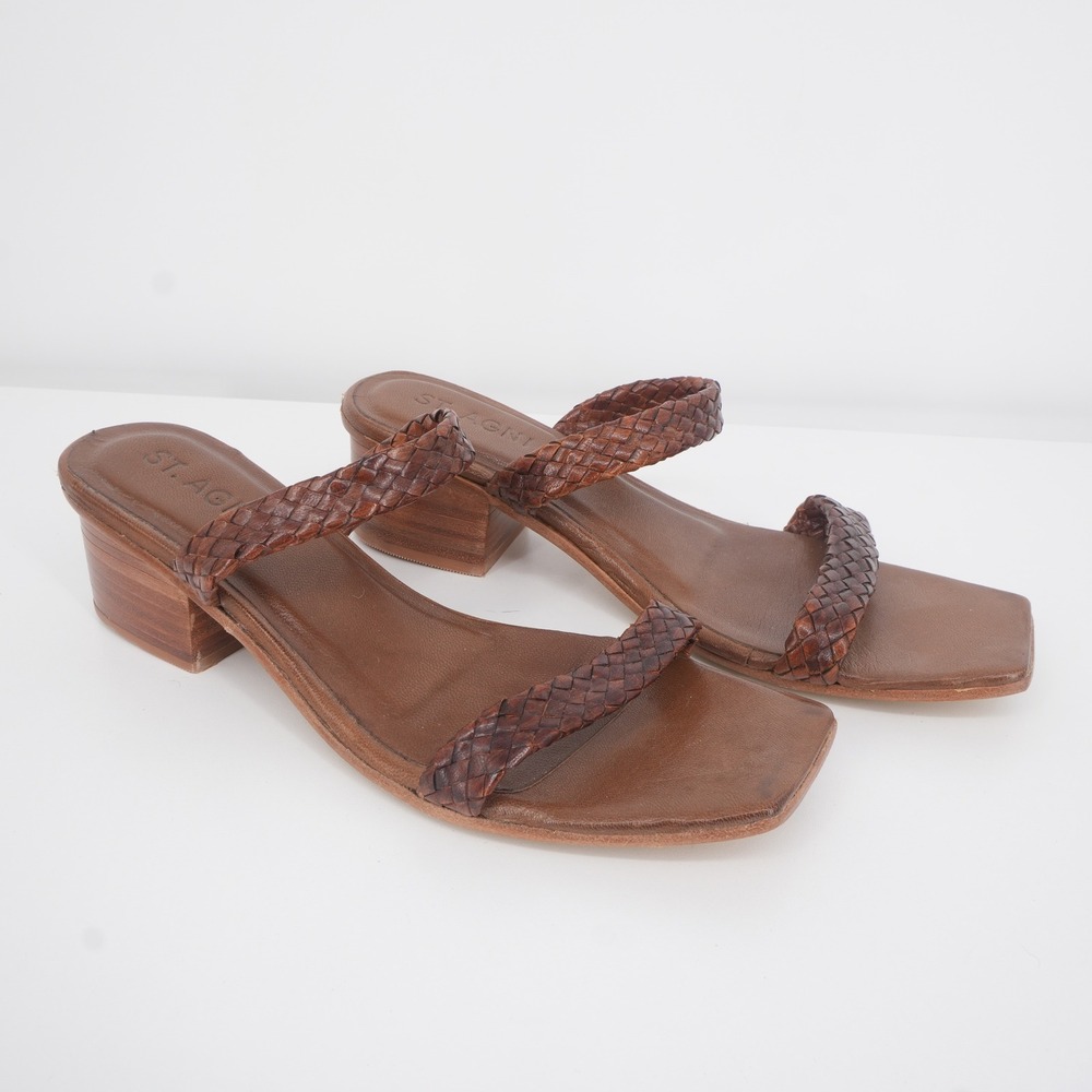St. Agni Woven Leather Block Heel Sandals Women 39 Tan Brown Square Toe Mules